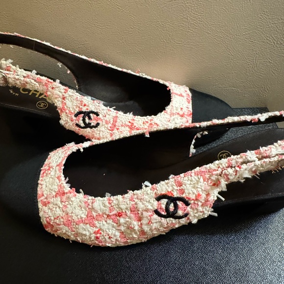 Chanel Pink Glittered Tweed Leather Slingbacks Pumps 24P Size 37.5/US Size 7.5 - Picture 6 of 16